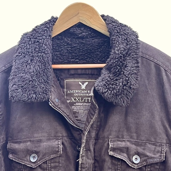 American Eagle Brown Corduroy Trucker Jacket Mens XXL Faux Fur Lined Heavyweight - Picture 2 of 11
